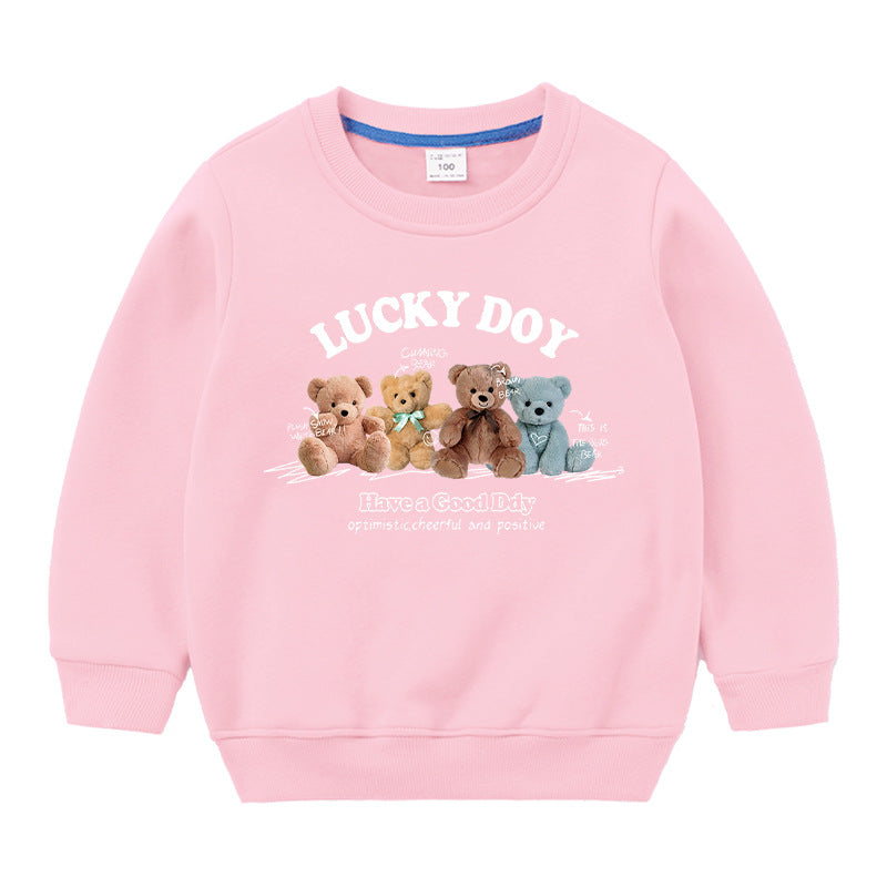 A cozy crewneck hoodie for babies featuring a cute bear pattern, available in various colors.