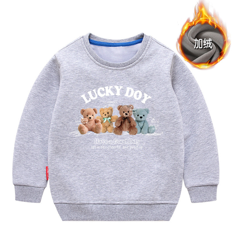 A cozy crewneck hoodie for babies featuring a cute bear pattern, available in various colors.