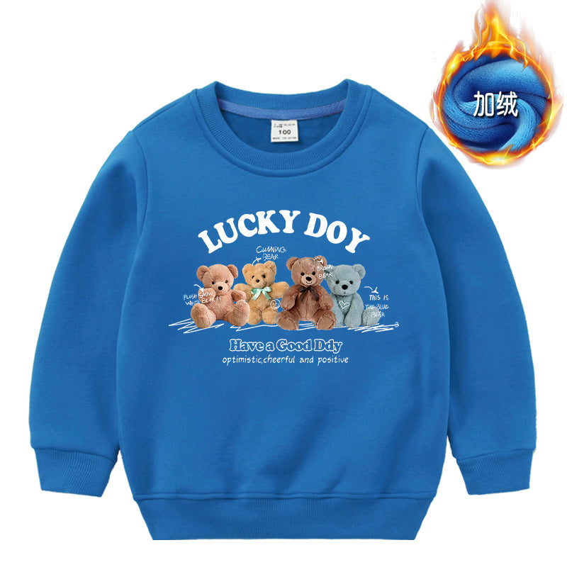 A cozy crewneck hoodie for babies featuring a cute bear pattern, available in various colors.