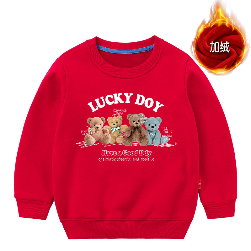 A cozy crewneck hoodie for babies featuring a cute bear pattern, available in various colors.