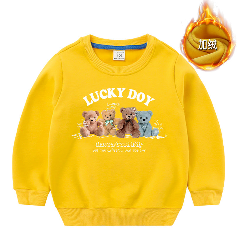 A cozy crewneck hoodie for babies featuring a cute bear pattern, available in various colors.