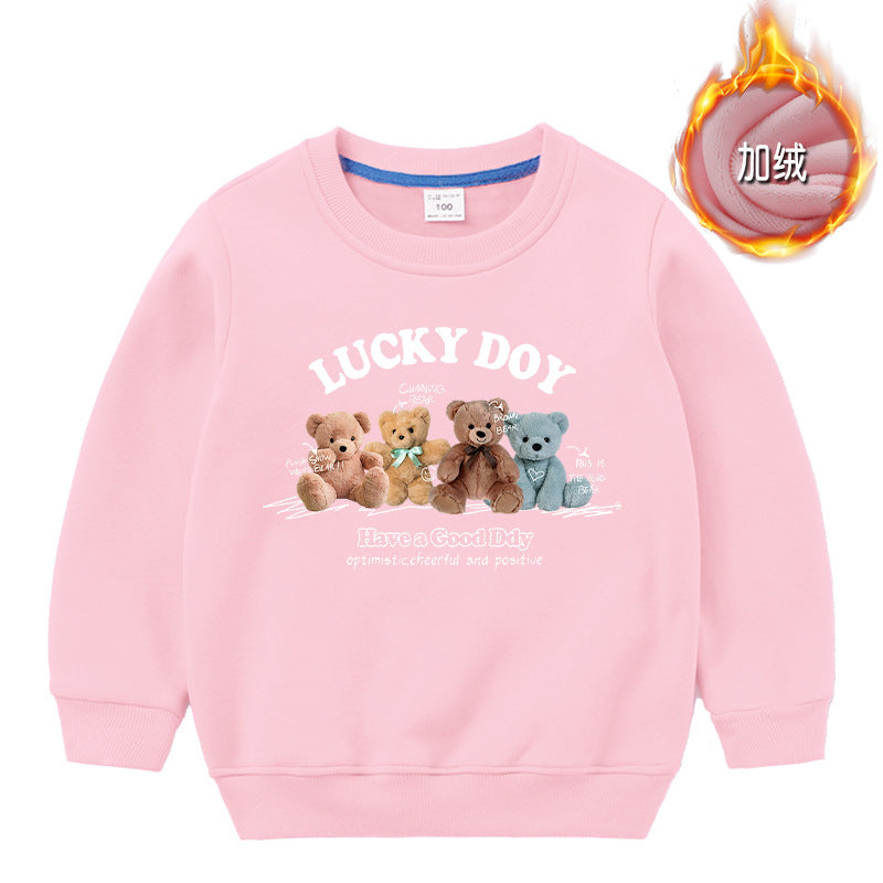 A cozy crewneck hoodie for babies featuring a cute bear pattern, available in various colors.