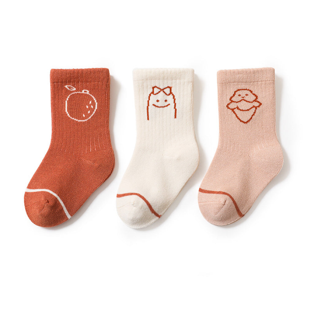 A pair of Baby Cute Print Pattern Mid-Tube Cotton Socks featuring colorful animal and cartoon designs, perfect for Spring and Autumn wear.