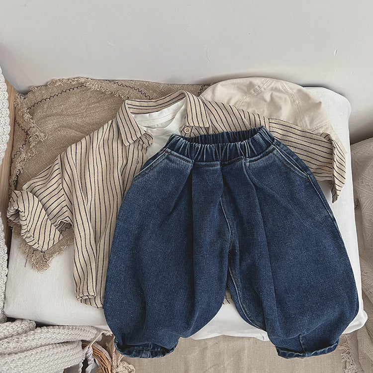 Baby denim blue loose pants designed for comfort and style, perfect for spring and autumn wear.