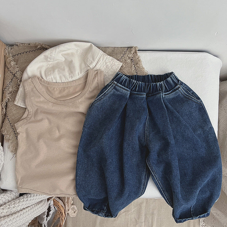 Baby denim blue loose pants designed for comfort and style, perfect for spring and autumn wear.