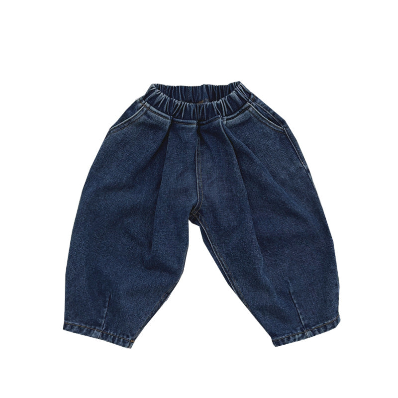 Baby denim blue loose pants designed for comfort and style, perfect for spring and autumn wear.