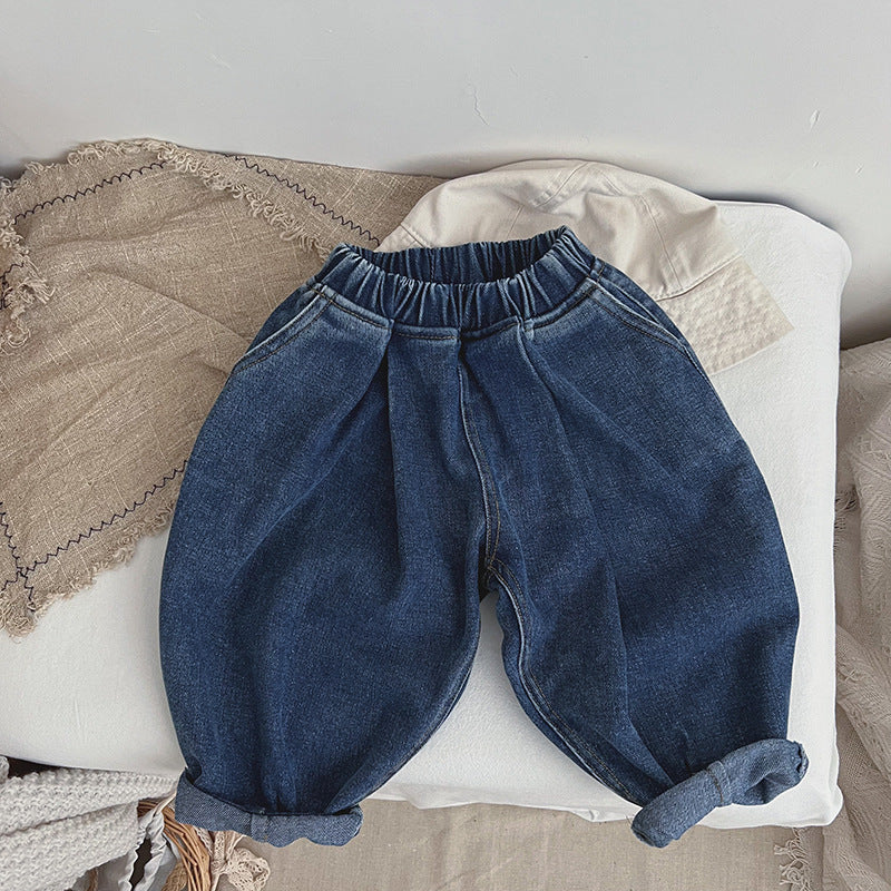 Baby denim blue loose pants designed for comfort and style, perfect for spring and autumn wear.