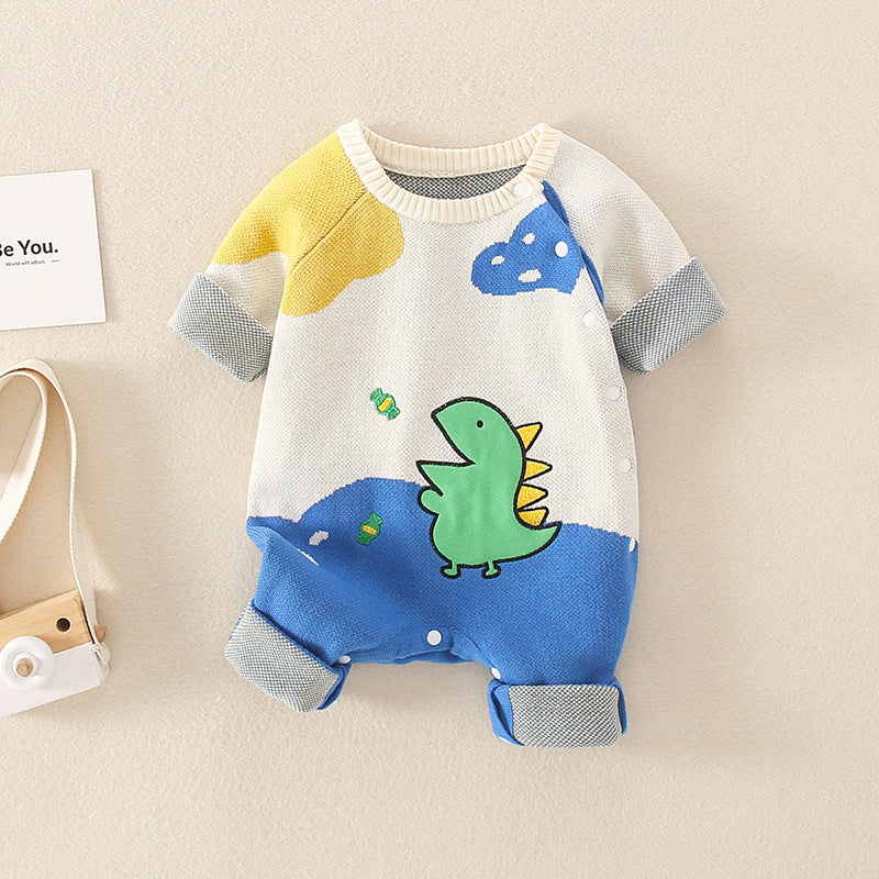 Cute baby boy wearing a dinosaur pattern colorblock knit romper in blue, showcasing playful design and comfortable fit.
