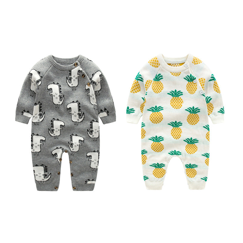 Baby romper featuring a playful dinosaur and pineapple pattern with shoulder button design, made from soft cotton fabric.