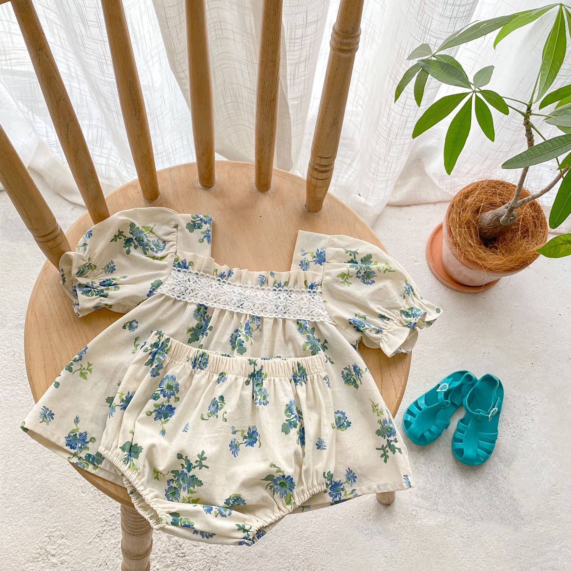 Baby Ditsy Flower Graphic Mesh Patchwork Design Square Neck Set in green, featuring floral patterns and a stylish square neckline.