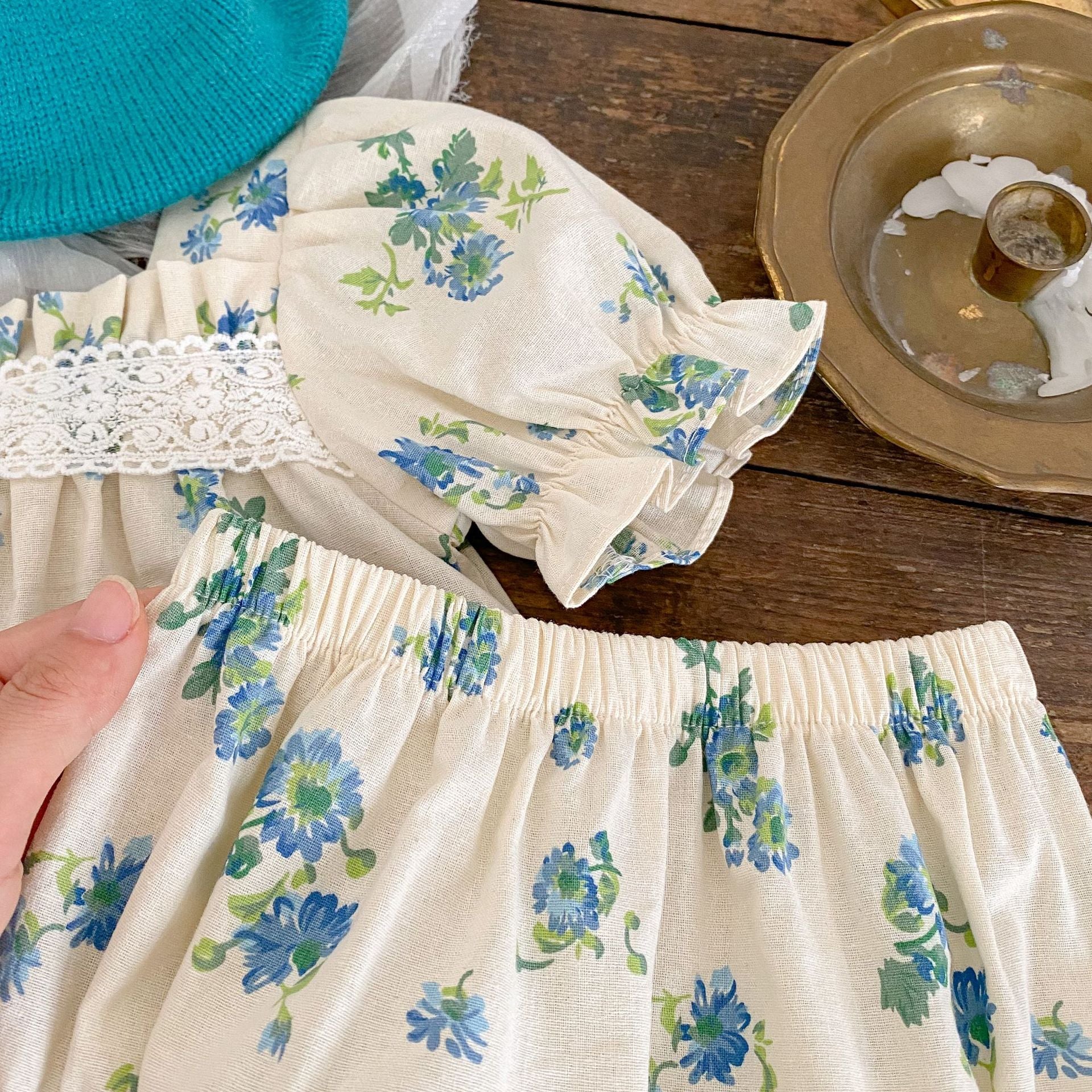 Baby Ditsy Flower Graphic Mesh Patchwork Design Square Neck Set in green, featuring floral patterns and a stylish square neckline.