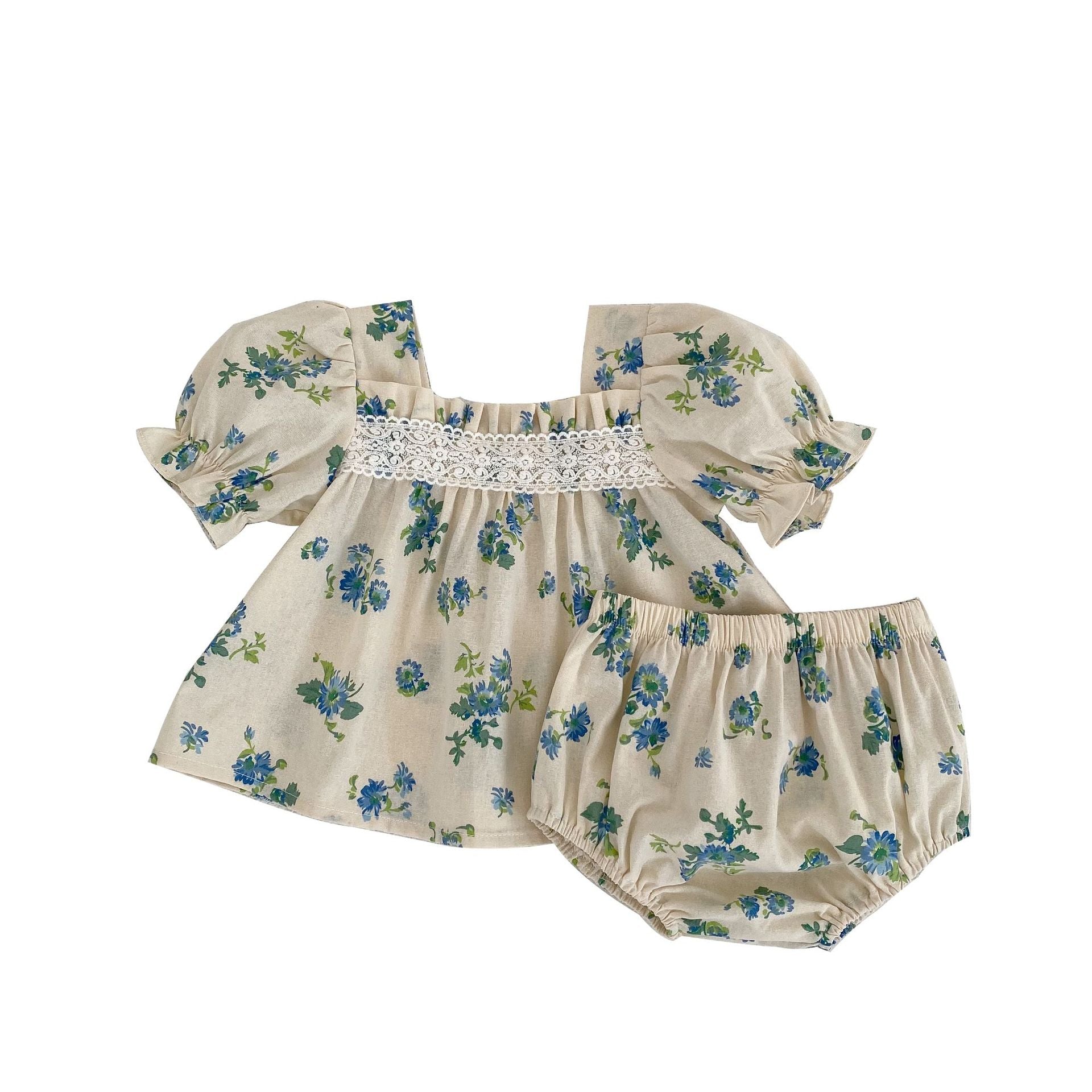 Baby Ditsy Flower Graphic Mesh Patchwork Design Square Neck Set in green, featuring floral patterns and a stylish square neckline.