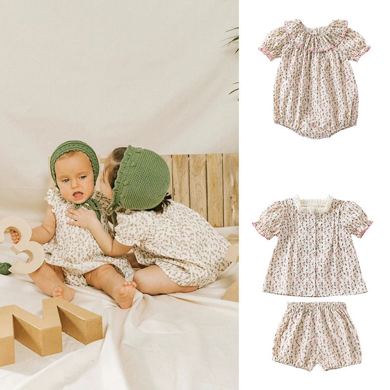 Baby Ditsy Flower Graphic Puff Sleeves Onesie in pink and apricot colors, featuring a floral pattern, perfect for summer wear.