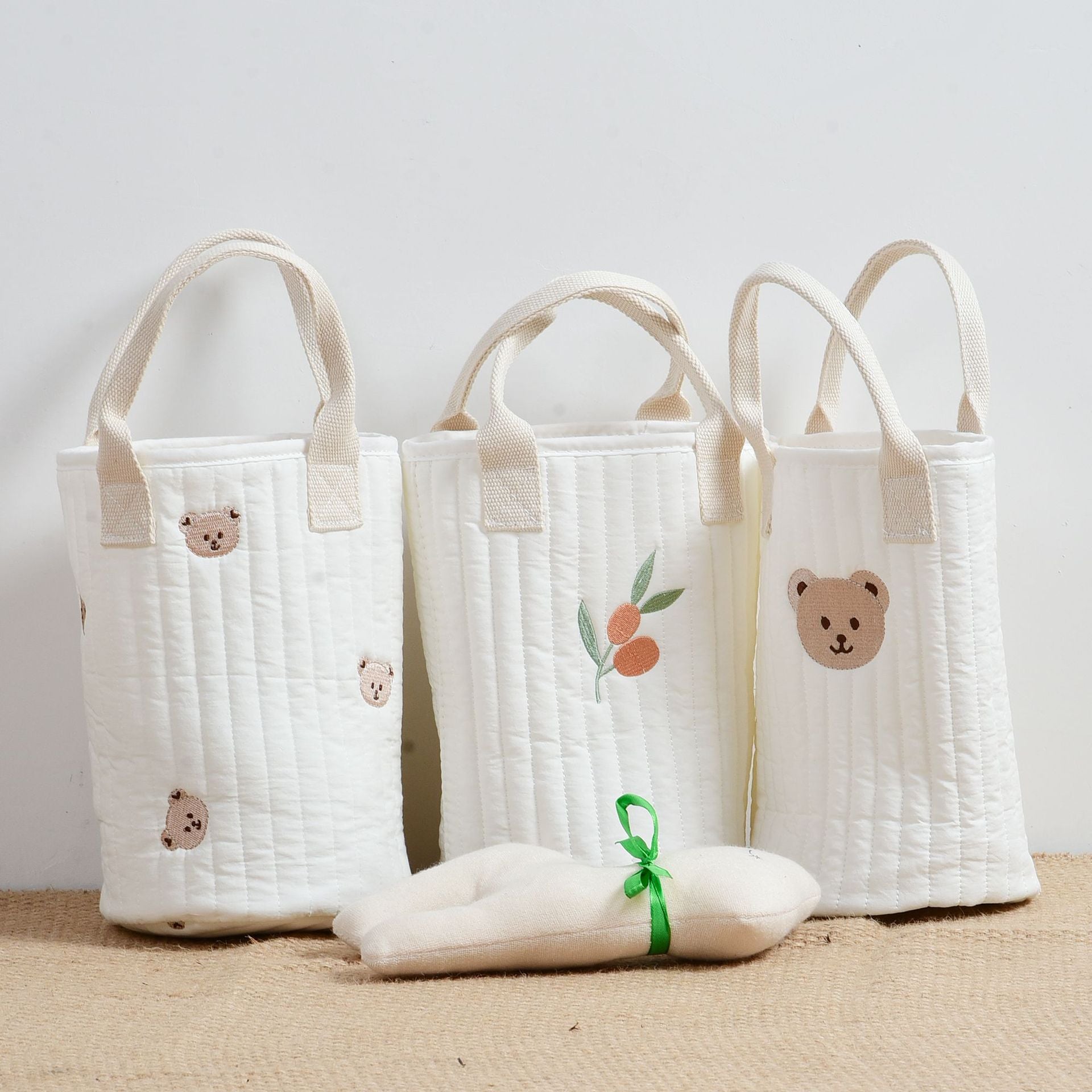 Stylish Baby Embroidered Pattern Mommy Handbag with multiple compartments for baby bottle storage, featuring adjustable straps and floral embroidery.