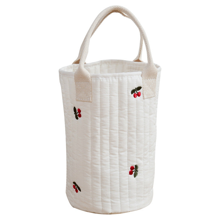 Stylish Baby Embroidered Pattern Mommy Handbag with multiple compartments for baby bottle storage, featuring adjustable straps and floral embroidery.