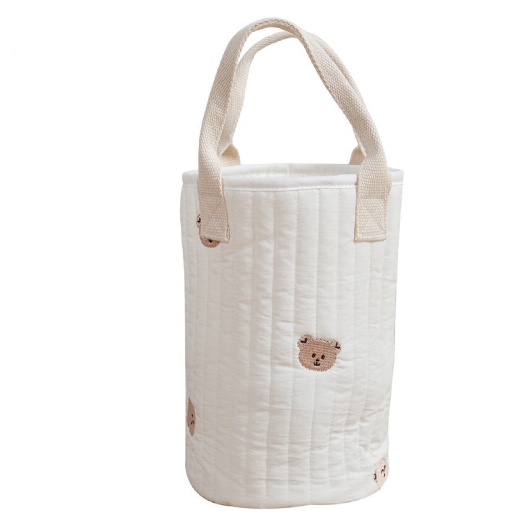 Stylish Baby Embroidered Pattern Mommy Handbag with multiple compartments for baby bottle storage, featuring adjustable straps and floral embroidery.