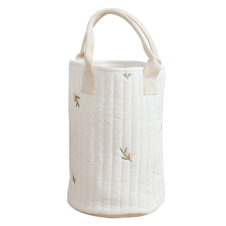 Stylish Baby Embroidered Pattern Mommy Handbag with multiple compartments for baby bottle storage, featuring adjustable straps and floral embroidery.