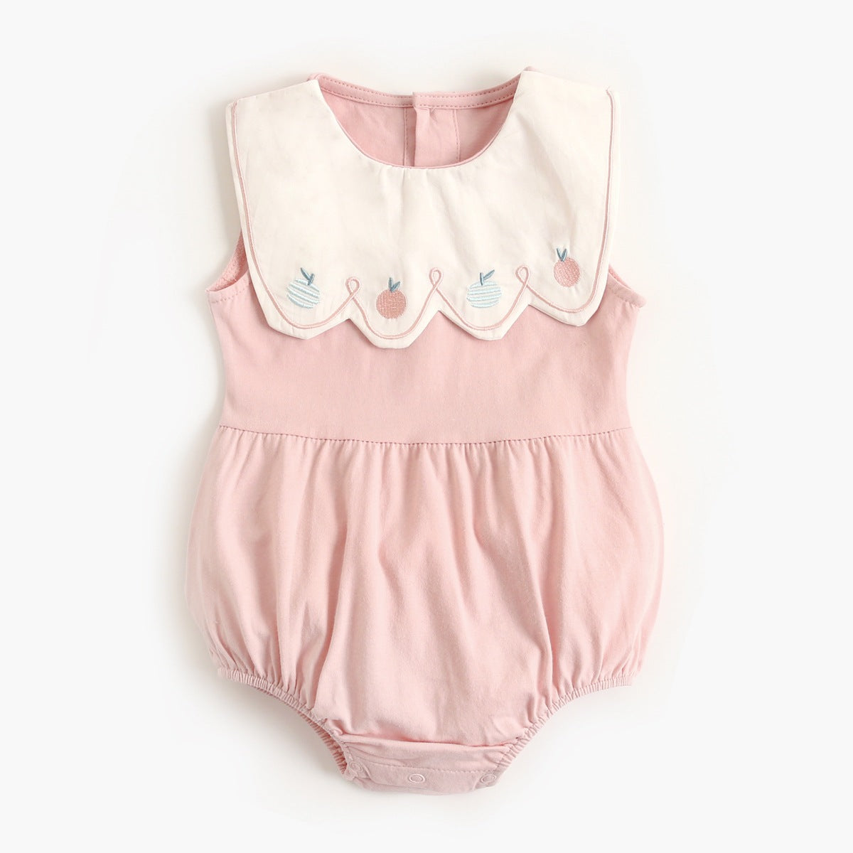 A collection of baby sleeveless onesies in pink and yellow with embroidered patterns, perfect for summer wear.