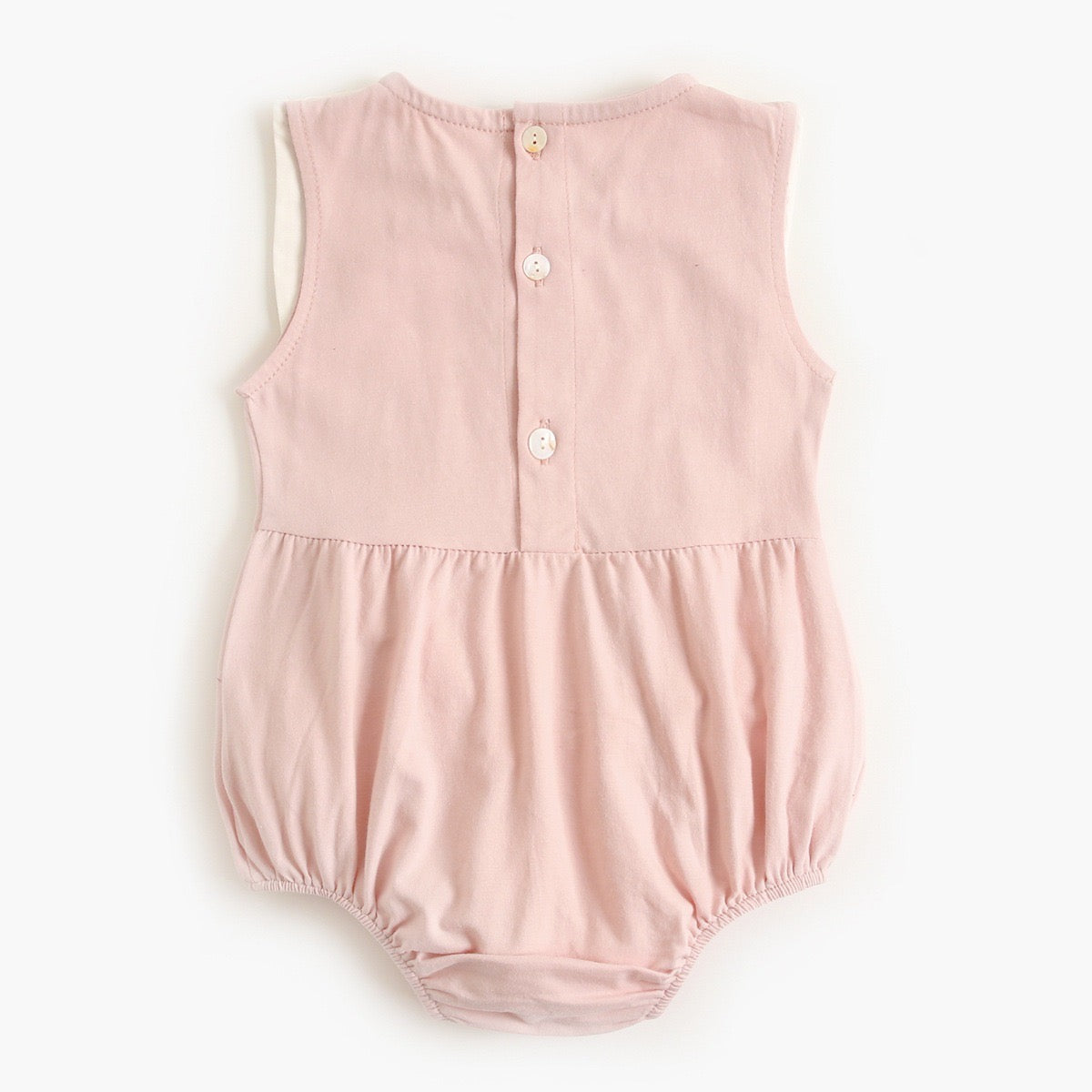 A collection of baby sleeveless onesies in pink and yellow with embroidered patterns, perfect for summer wear.