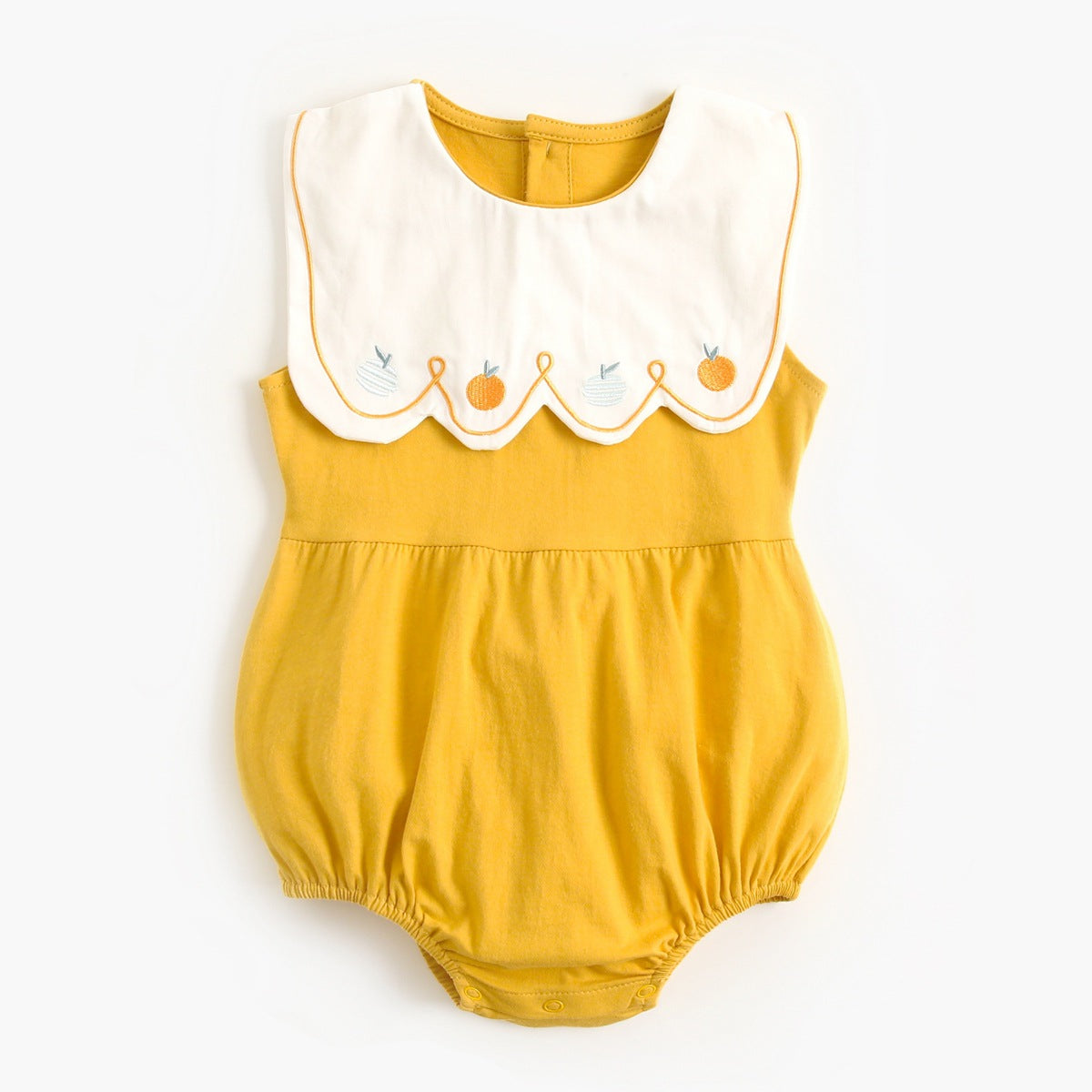A collection of baby sleeveless onesies in pink and yellow with embroidered patterns, perfect for summer wear.