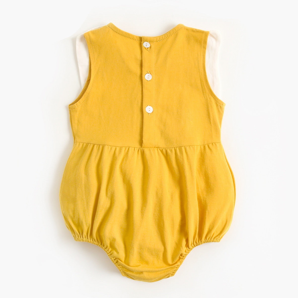 A collection of baby sleeveless onesies in pink and yellow with embroidered patterns, perfect for summer wear.