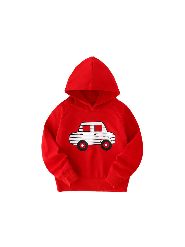 A vibrant red and purple baby hoodie featuring a playful cartoon print, made from soft cotton material, perfect for casual wear.