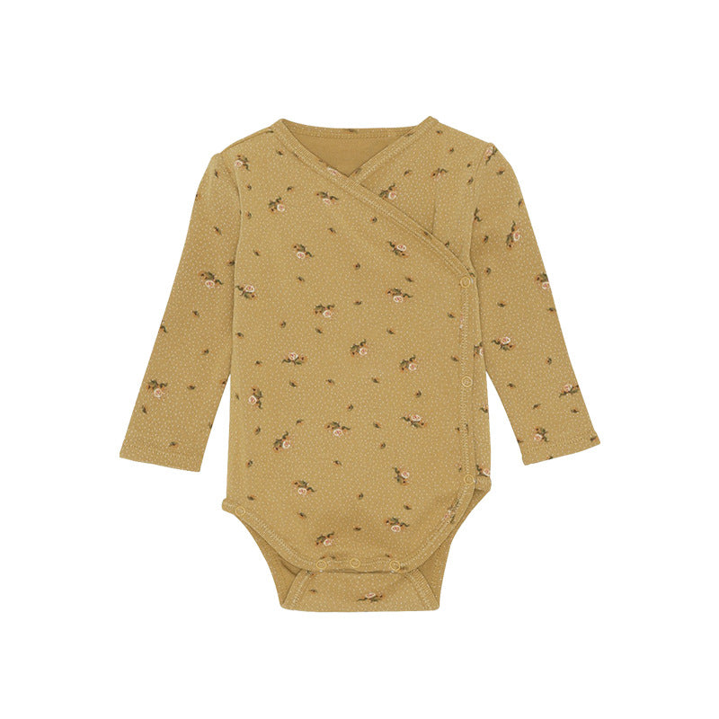 Baby bodysuit featuring floral and animal graphics with envelope collar design in various colors.