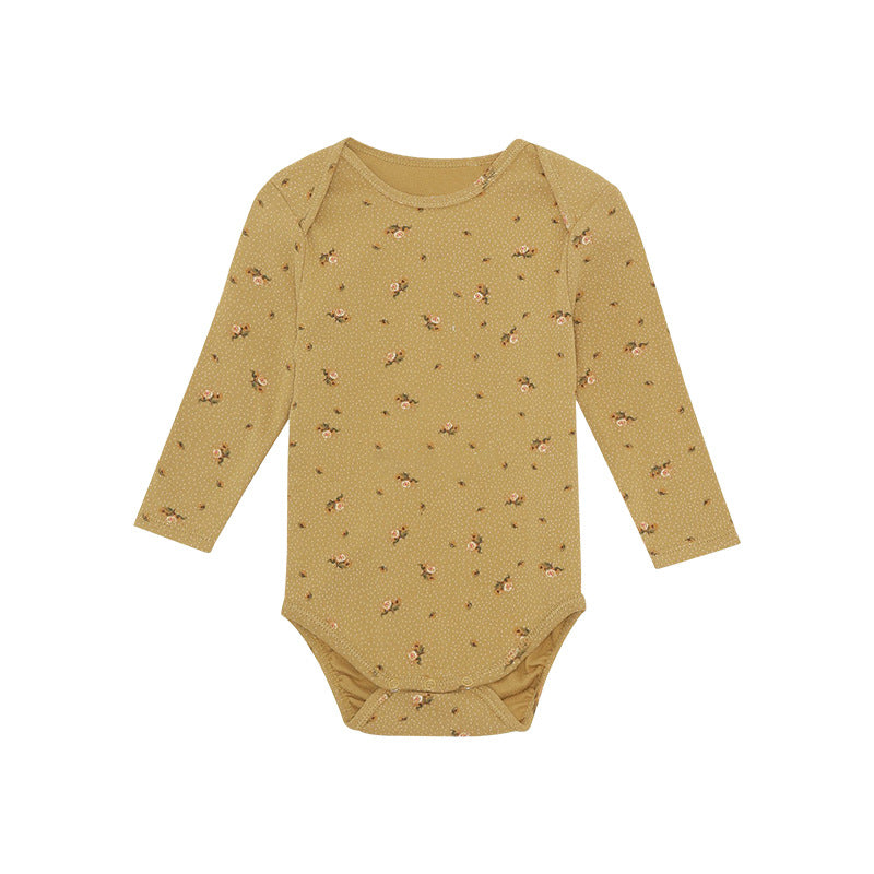 Baby bodysuit featuring floral and animal graphics with envelope collar design in various colors.