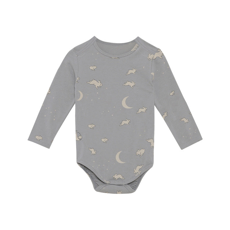 Baby bodysuit featuring floral and animal graphics with envelope collar design in various colors.