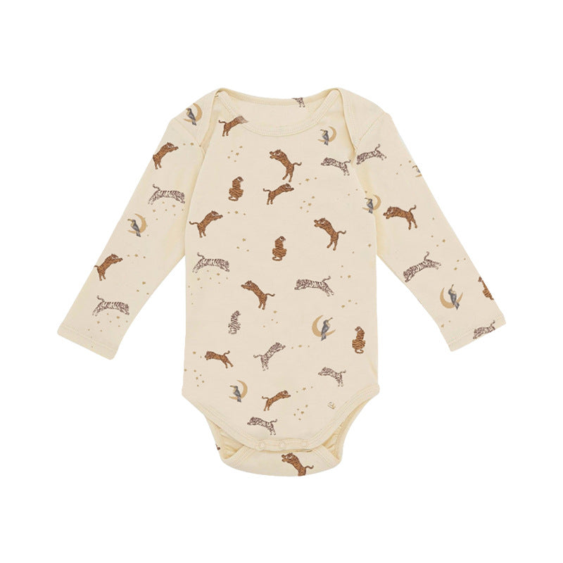 Baby bodysuit featuring floral and animal graphics with envelope collar design in various colors.
