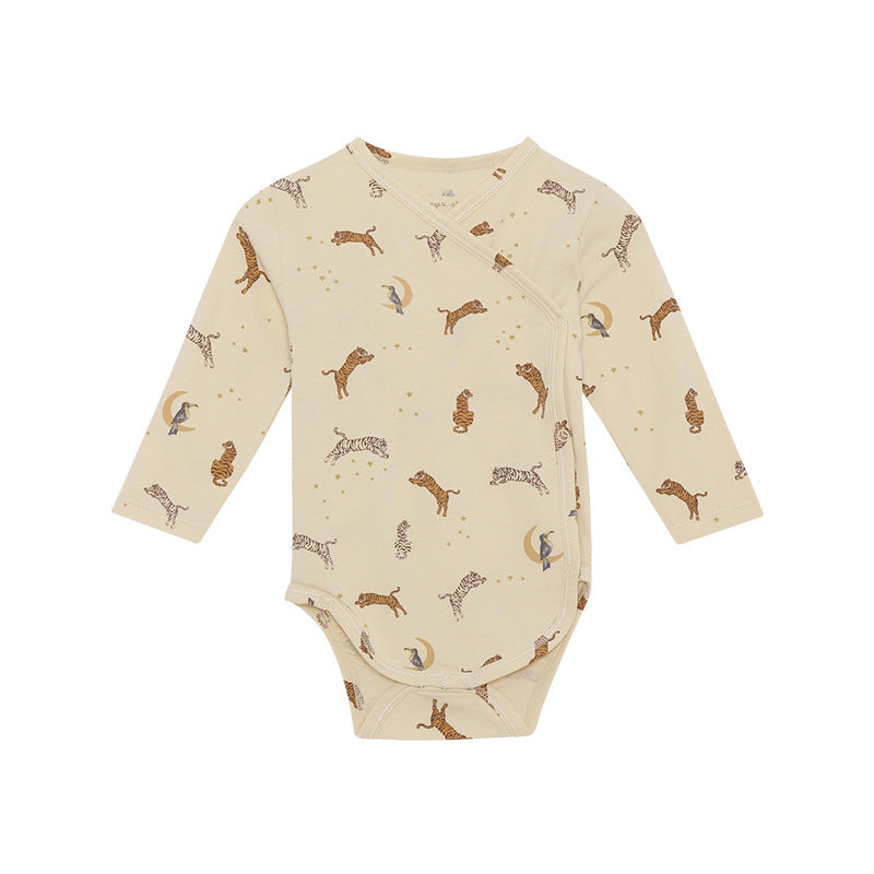 Baby bodysuit featuring floral and animal graphics with envelope collar design in various colors.