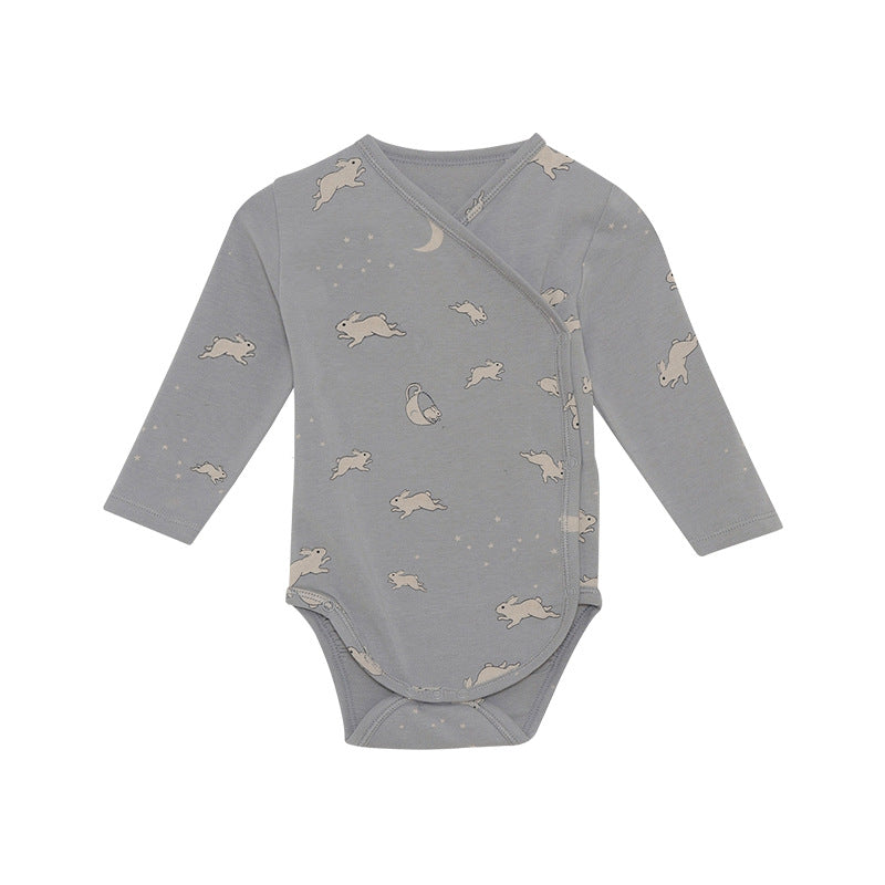 Baby bodysuit featuring floral and animal graphics with envelope collar design in various colors.