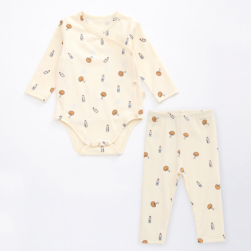 A cute baby outfit featuring a floral print pattern with a side buckle design, perfect for warm weather.