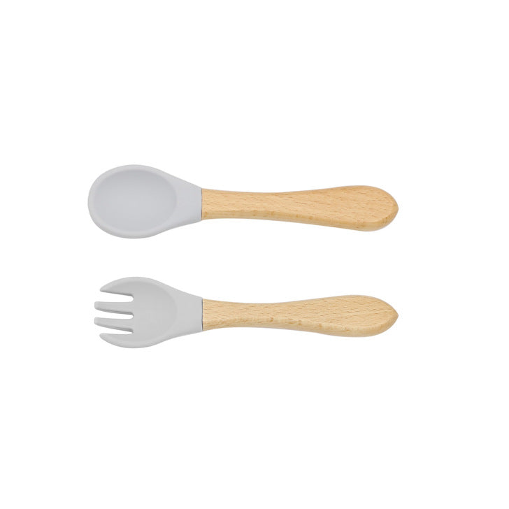 Baby Food Grade Wooden Handles Silicone Spoon Fork Cutlery set in various colors with soft silicone and wooden handles.