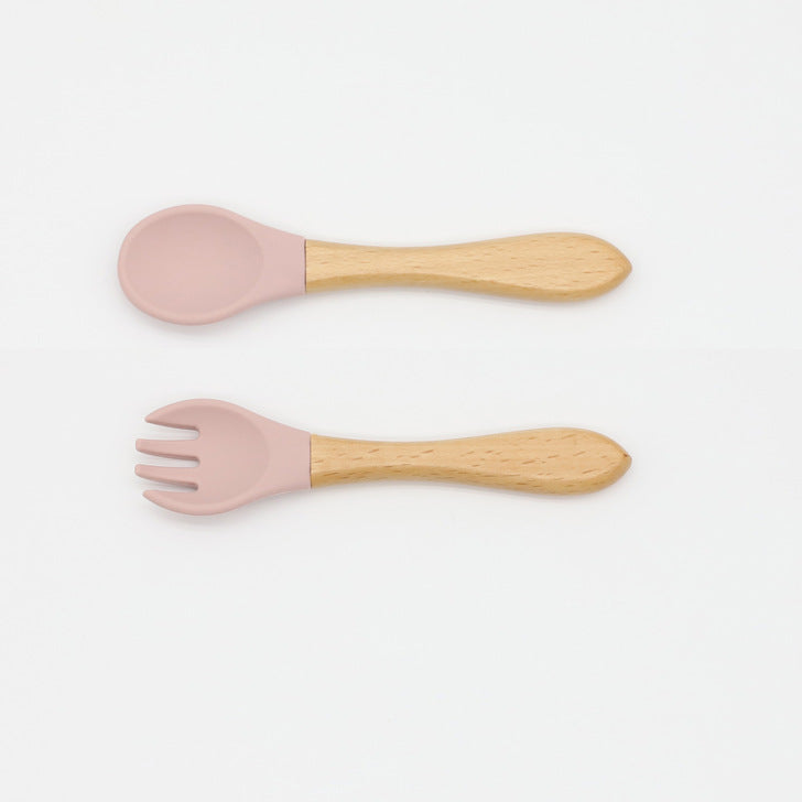 Baby Food Grade Wooden Handles Silicone Spoon Fork Cutlery set in various colors with soft silicone and wooden handles.