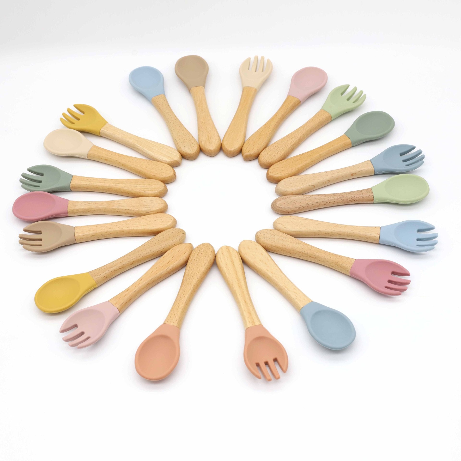 Baby Food Grade Wooden Handles Silicone Spoon Fork Cutlery set in various colors with soft silicone and wooden handles.