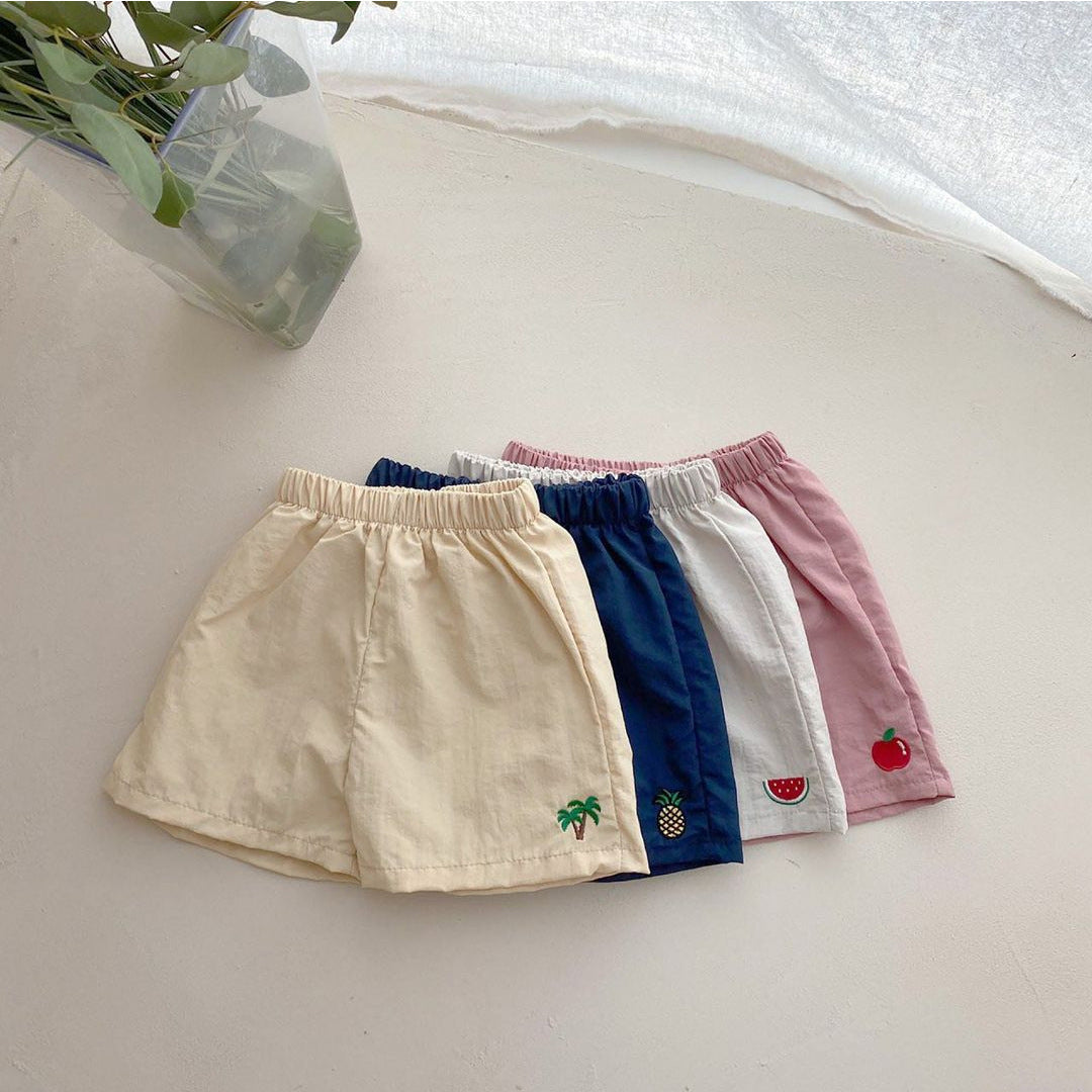 Baby Fruit Embroidered Pattern Summer Beach Comfy Shorts in various colors with playful fruit designs.