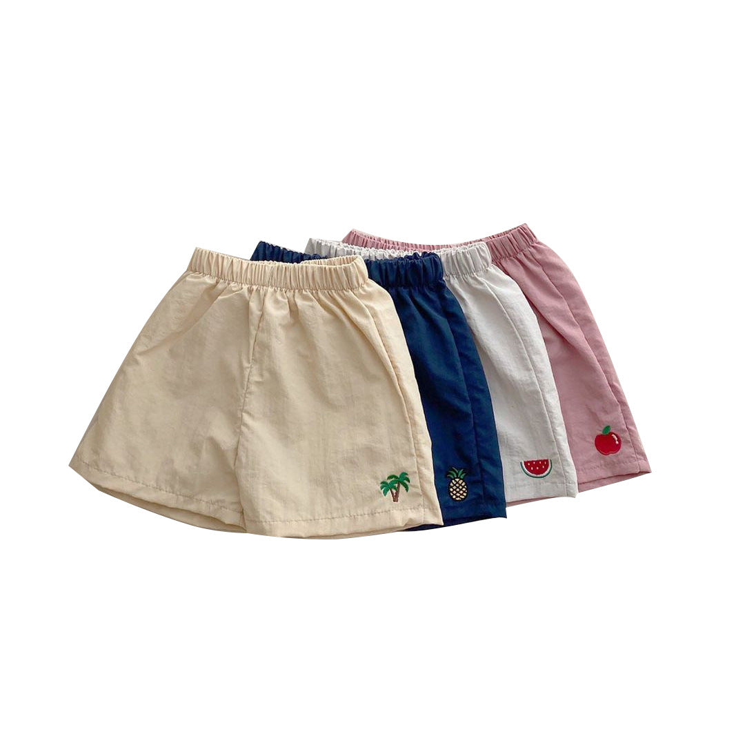 Baby Fruit Embroidered Pattern Summer Beach Comfy Shorts in various colors with playful fruit designs.