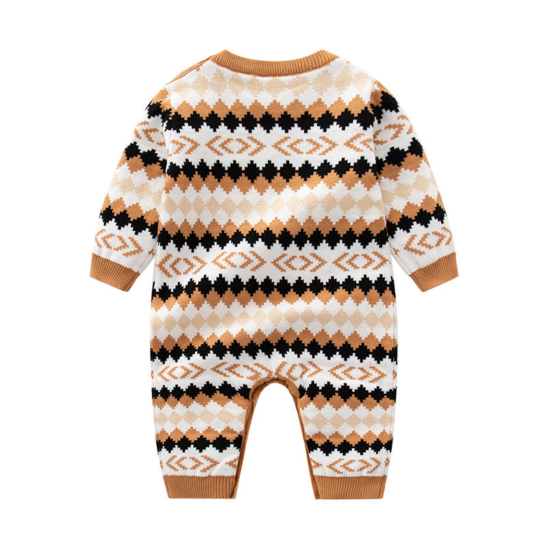Baby girl wearing a brown geometric embroidered long sleeve knitted romper jumpsuit, showcasing playful design and comfort.