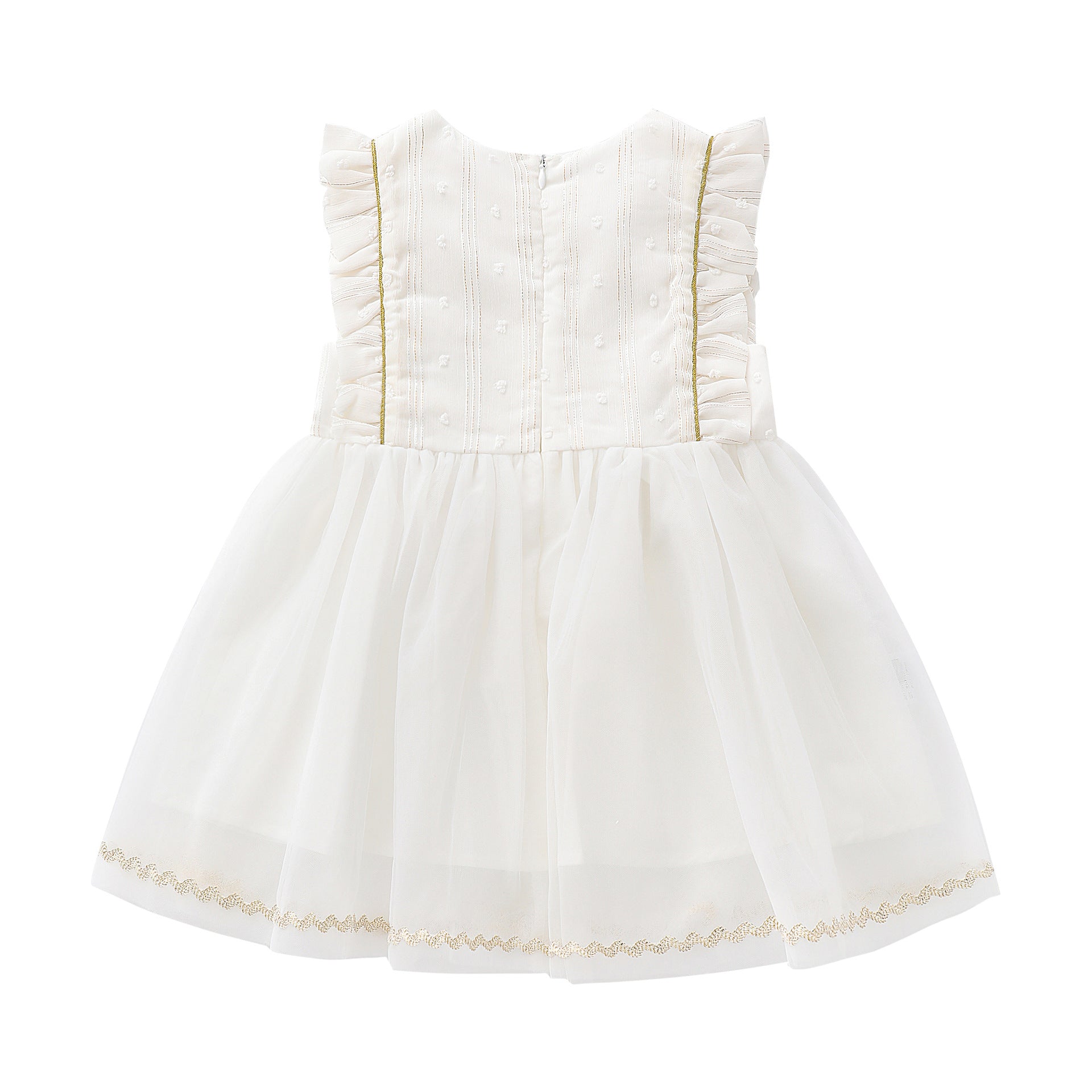 Baby Girl Frill Trim Mesh Overlay Dress in white with bow tie detail, perfect for summer occasions.