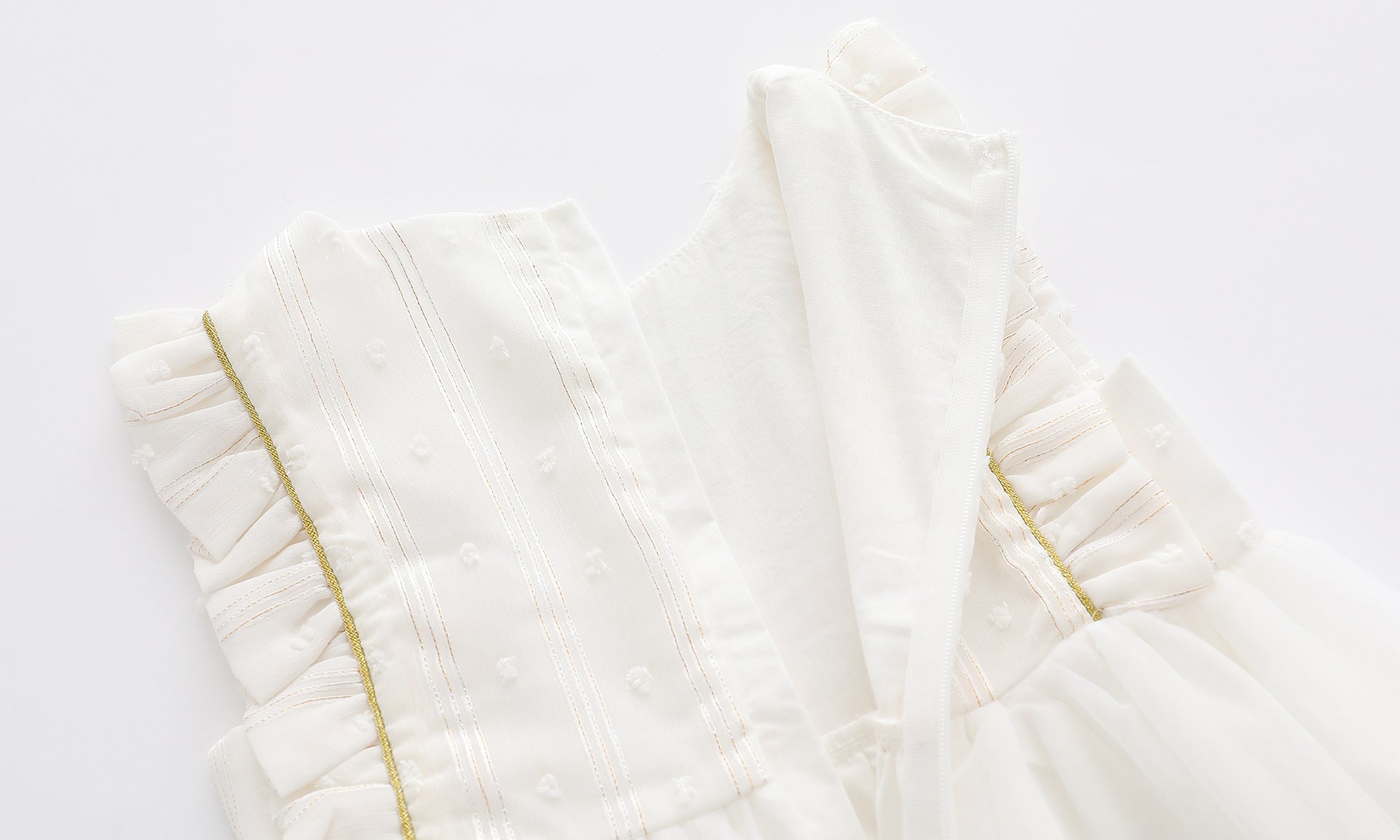 Baby Girl Frill Trim Mesh Overlay Dress in white with bow tie detail, perfect for summer occasions.