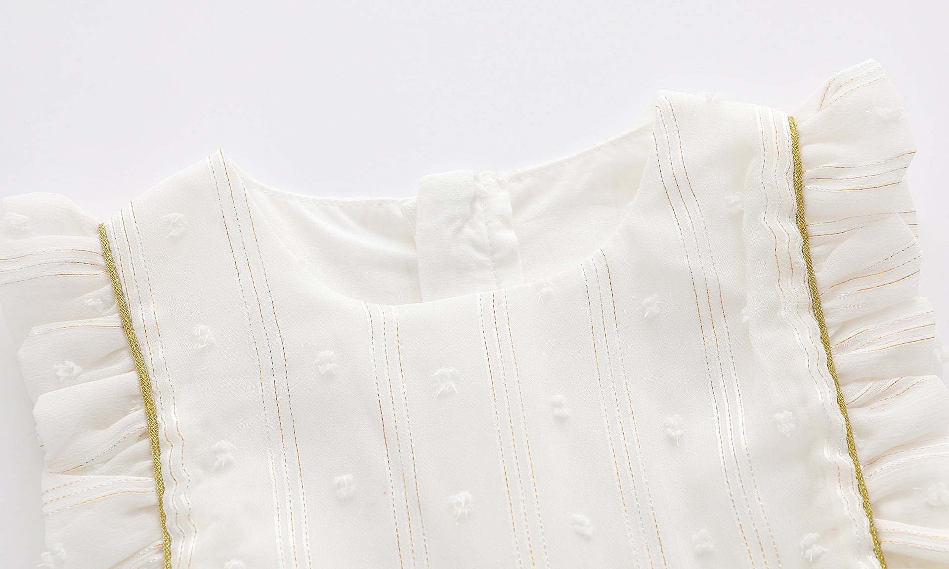 Baby Girl Frill Trim Mesh Overlay Dress in white with bow tie detail, perfect for summer occasions.