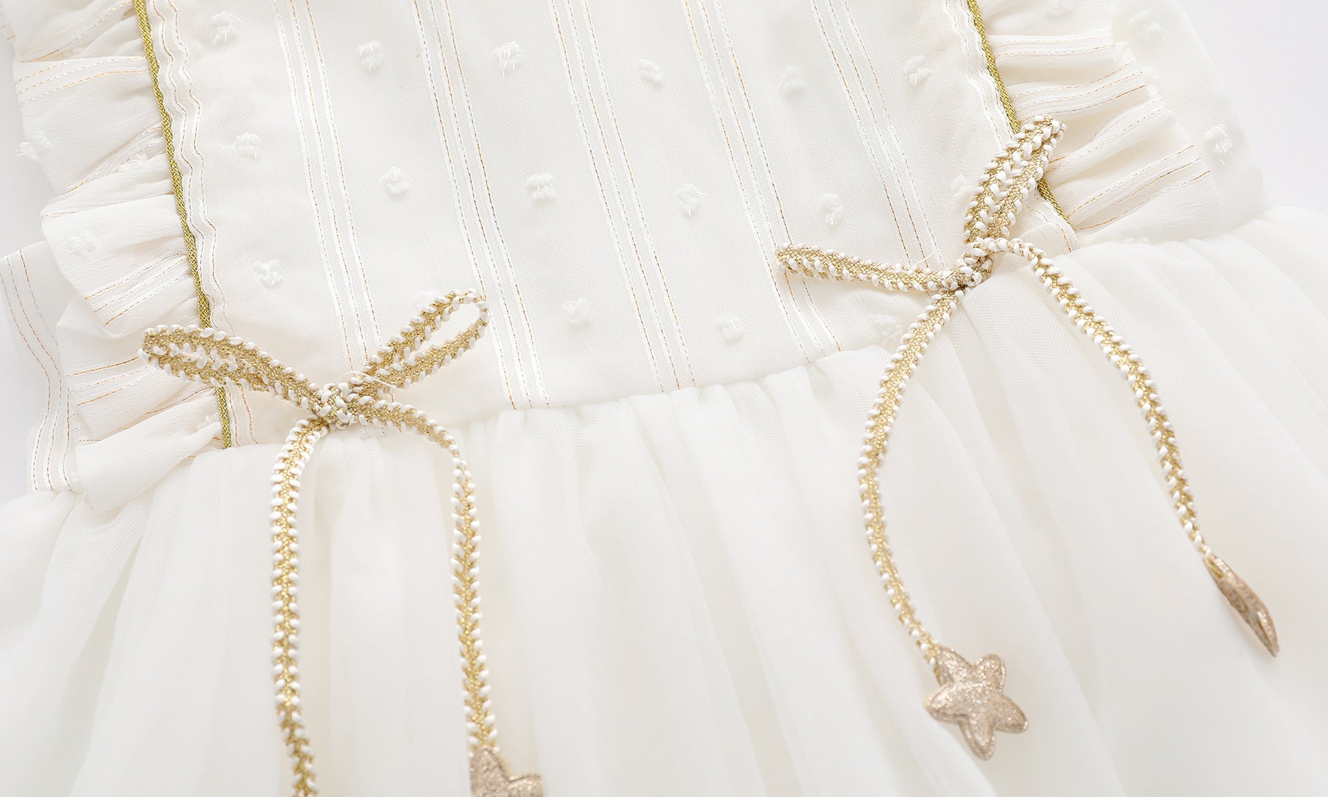 Baby Girl Frill Trim Mesh Overlay Dress in white with bow tie detail, perfect for summer occasions.