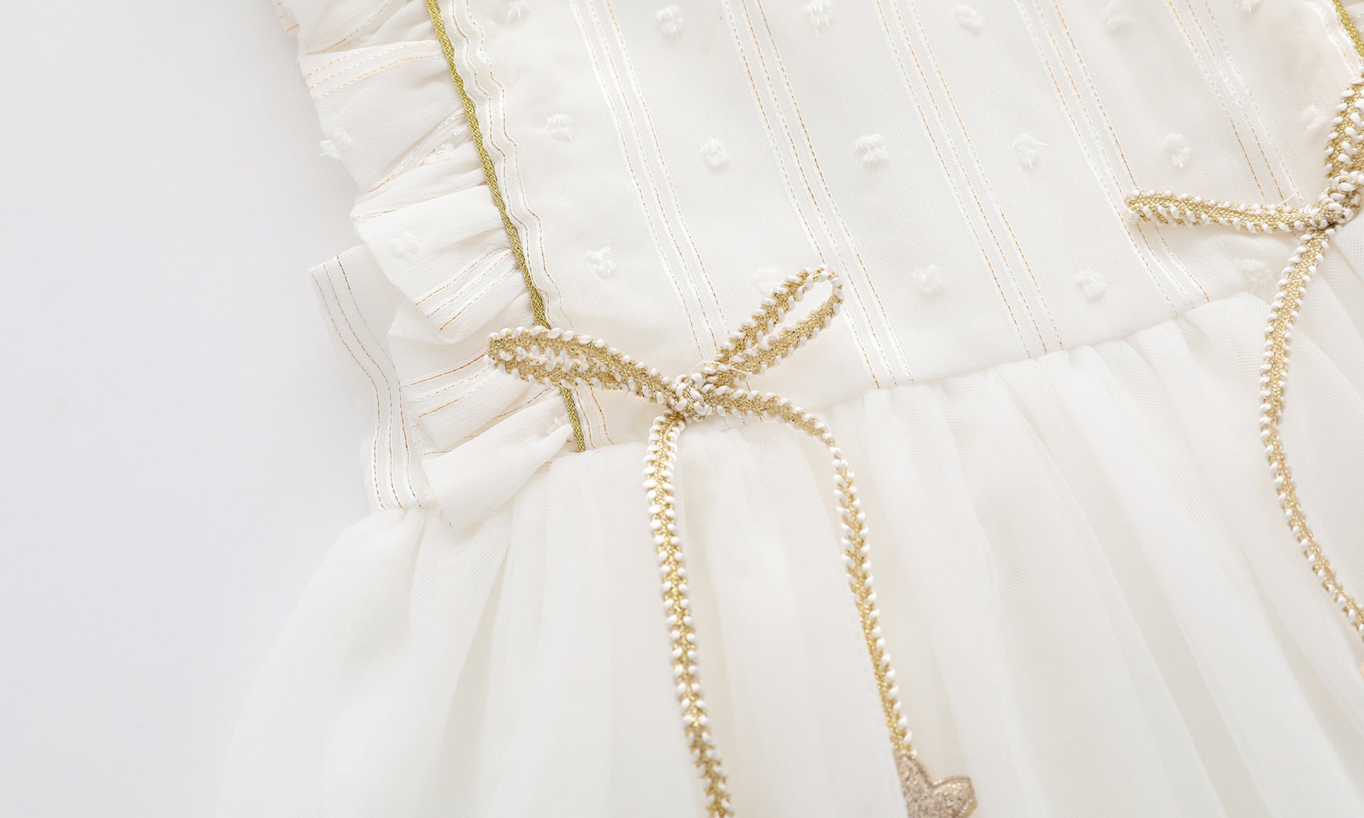 Baby Girl Frill Trim Mesh Overlay Dress in white with bow tie detail, perfect for summer occasions.