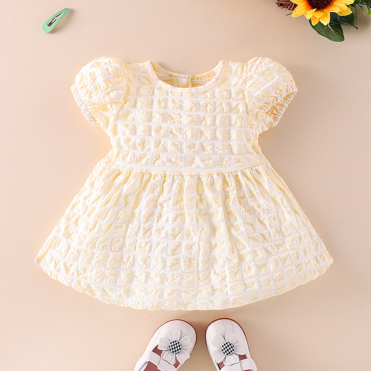 Baby Girl 3D Plaid Graphic Puff Sleeve Princess Dress in vibrant yellow with puff sleeves and plaid design.