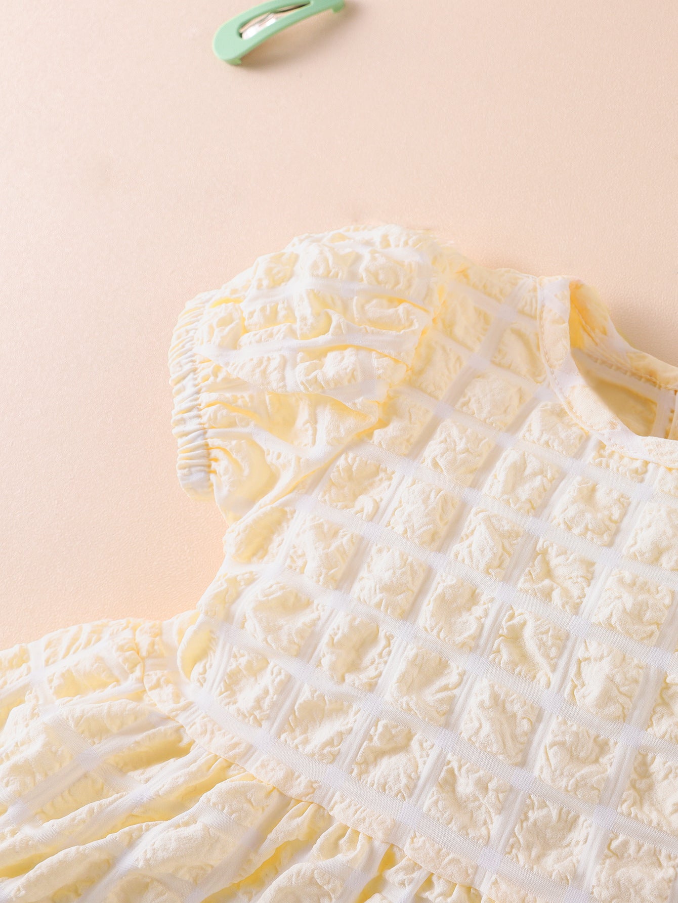 Baby Girl 3D Plaid Graphic Puff Sleeve Princess Dress in vibrant yellow with puff sleeves and plaid design.