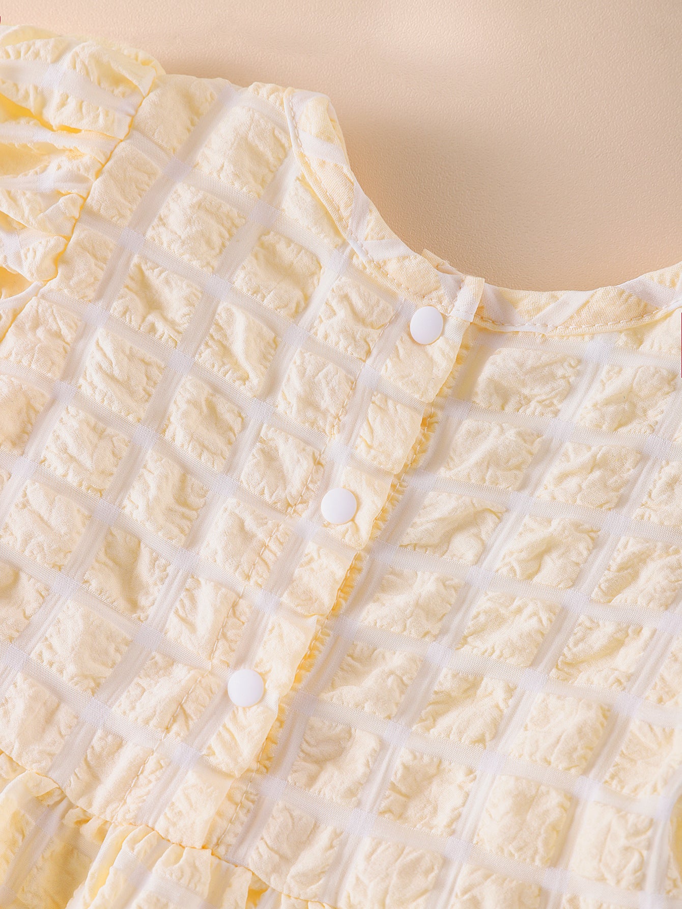 Baby Girl 3D Plaid Graphic Puff Sleeve Princess Dress in vibrant yellow with puff sleeves and plaid design.