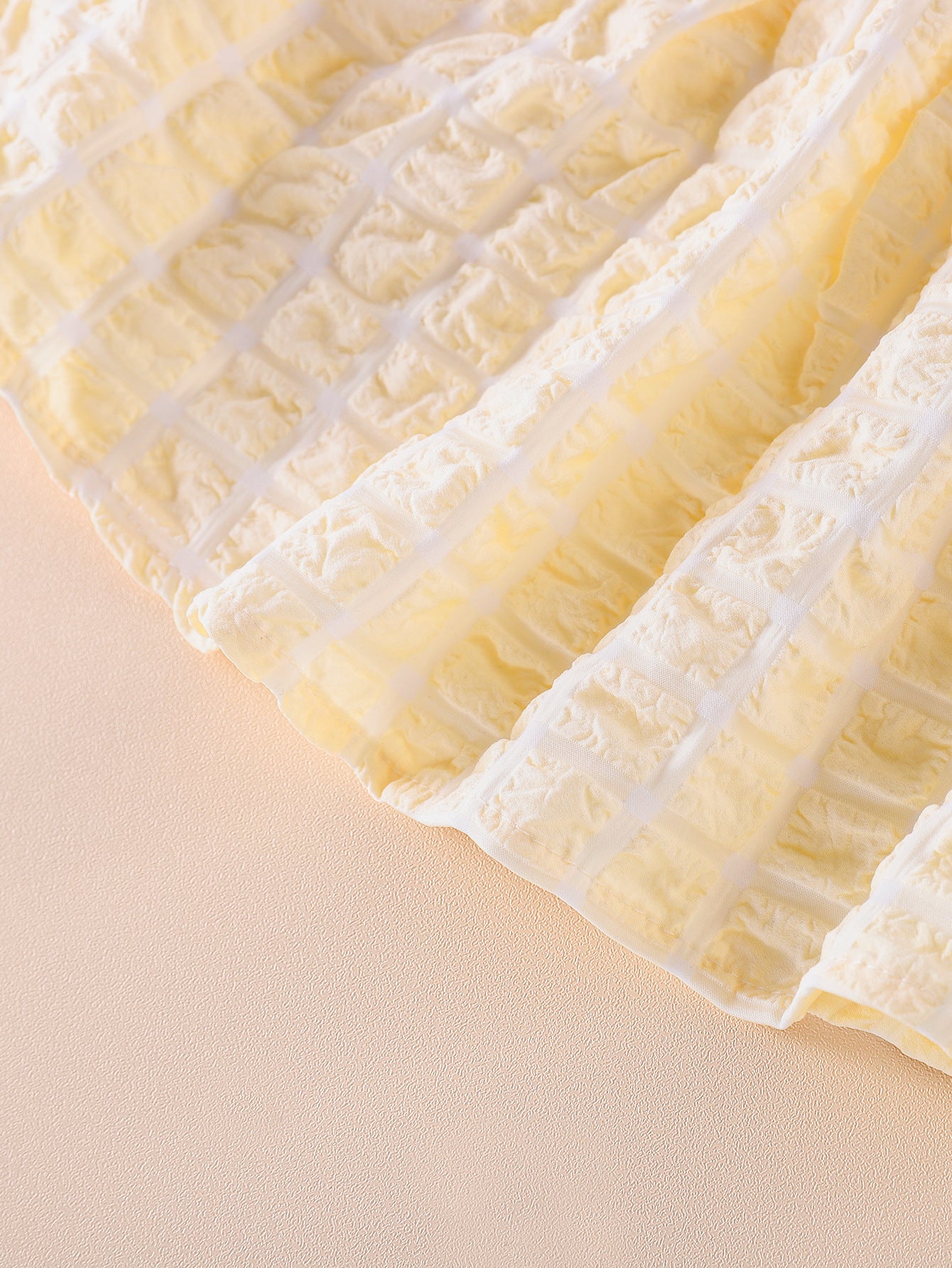 Baby Girl 3D Plaid Graphic Puff Sleeve Princess Dress in vibrant yellow with puff sleeves and plaid design.