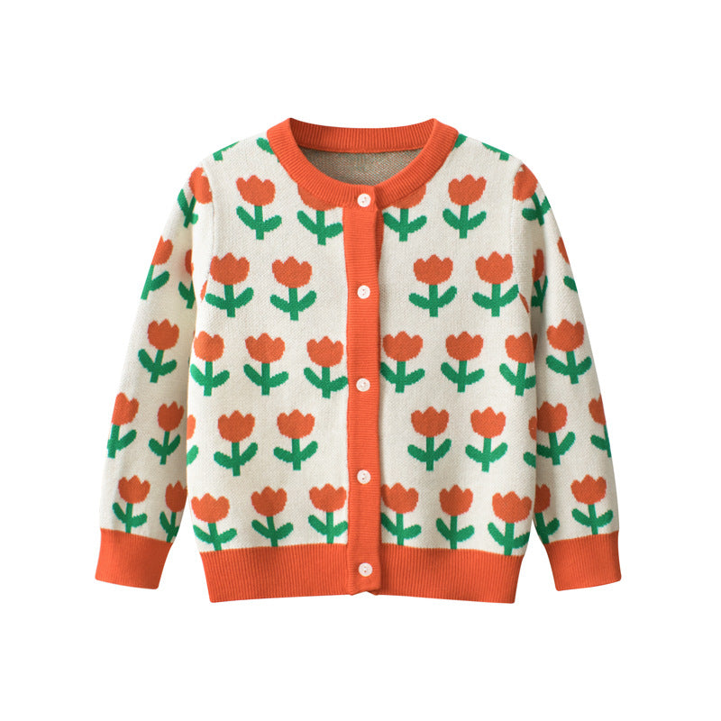 A cozy baby girl knitted cardigan featuring a vibrant floral pattern in orange, perfect for autumn outfits.