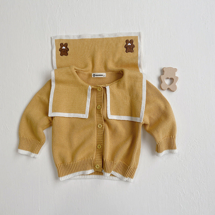 Baby Girl Bear Embroidery Cardigan featuring a single-breasted design and lapel collar in navy blue and yellow colors.